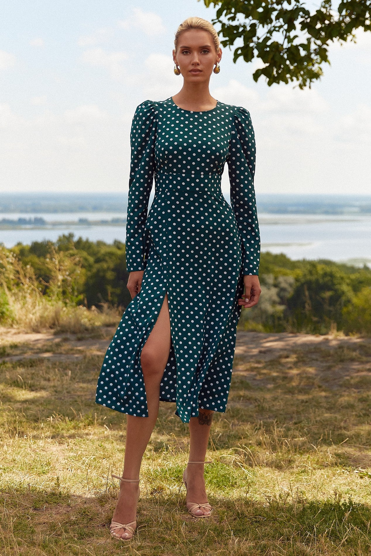 Emerald Midi Dress Elegant Women's Green Polka Dot Dress | FemeAdor XS Emerald Midi Dress Elegant Women's Green Polka Dot Dress | FemeAdor XS