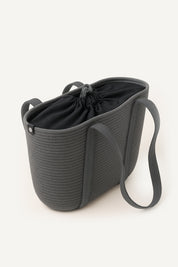 Topside view of the all gray brixen crochet tote bag made from cotton on a white background