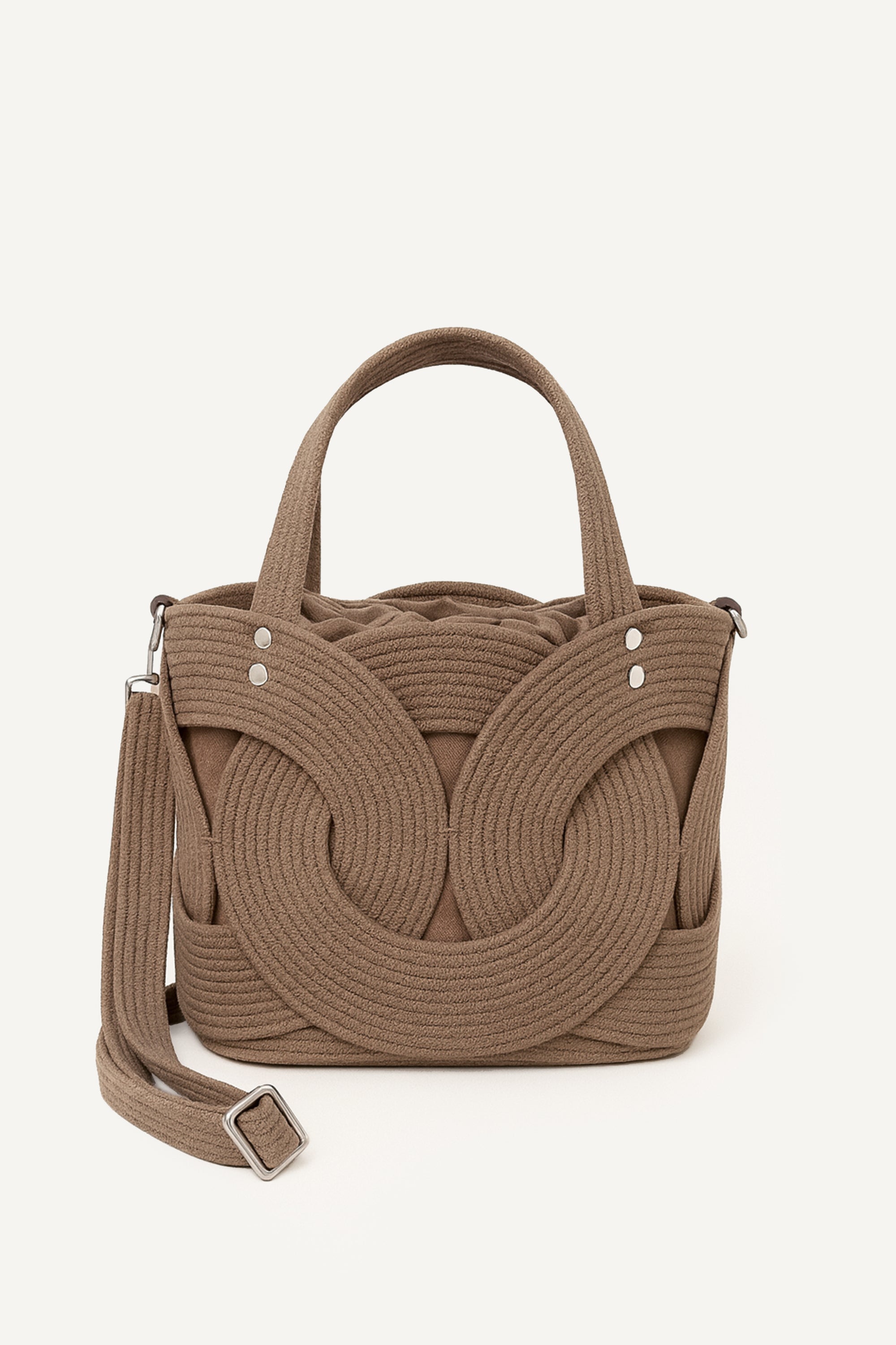 Front view of the brown elba cotton crochet crossbody bag with an adjustable strap and secure drawstring closure