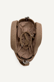 Top view of the brown elba cotton crochet crossbody bag with an adjustable strap and secure drawstring closure