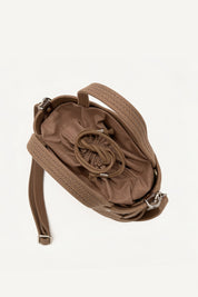 Top view of the brown elba cotton crochet crossbody bag with an adjustable strap and secure drawstring closure