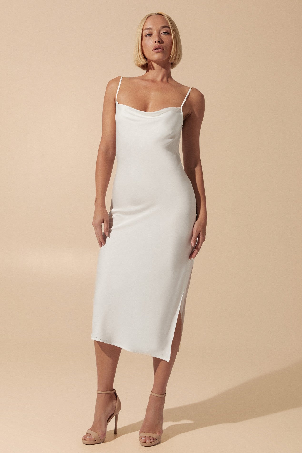 Front view of Amara Midi Dress in milk with minimalist silhouette and flattering fit