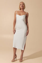 Front view of Amara Midi Dress in milk with minimalist silhouette and flattering fit