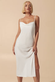 Another front view of Amara Midi Dress in milk with minimalist silhouette and flattering fit