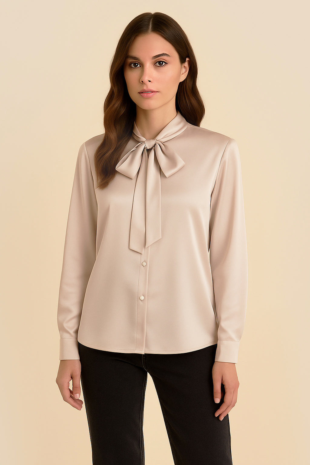 Front view of Charming Blouse by FemeAdor in beige with bowtie detail and flattering drape, ideal for professional and casual styling
