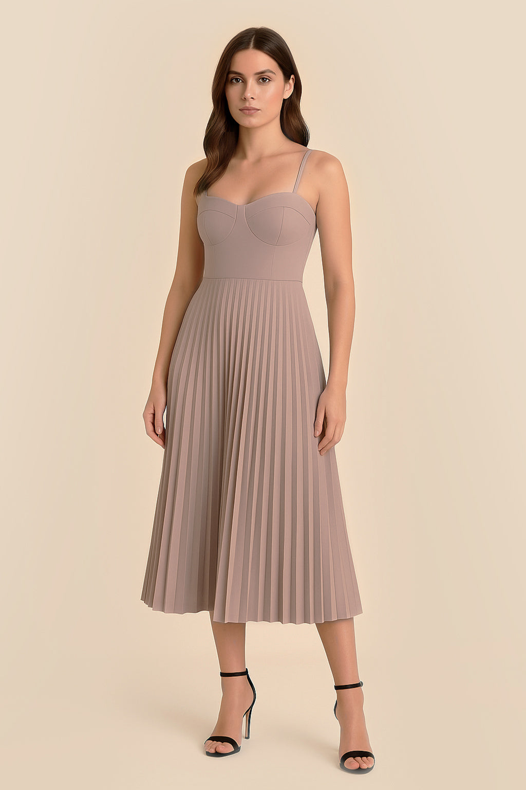 Front view of the Eclipse Demi Dress by FemeAdor in beige featuring a structured corset top and a flowing pleated midi skirt perfect for formal and casual events