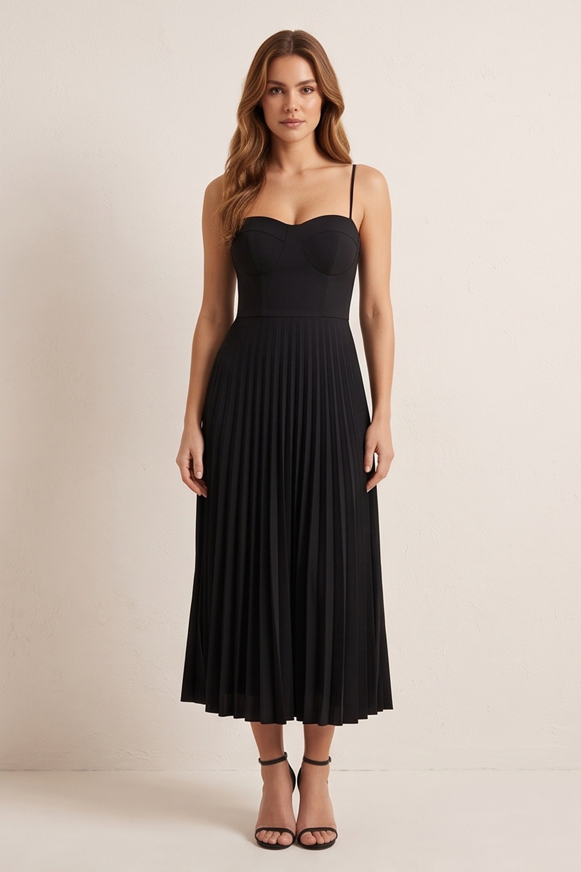 Women's Beige Pleated Midi Dress Corset Bustier Spaghetti Strap Wedding Guest Evening FemeAdor