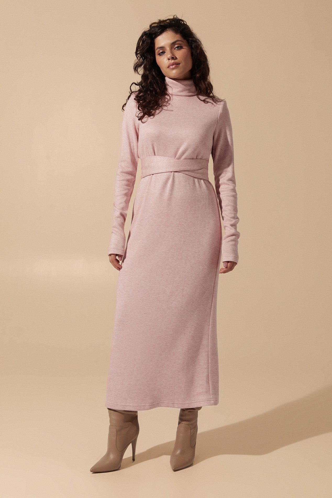 Front view of the Blush Midi Dress in soft pink angora fabric featuring a belted fit with long sleeves and turtle neck by FemeAdor