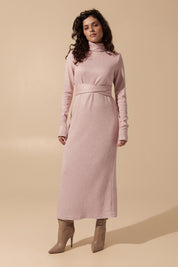 Front view of the Blush Midi Dress in soft pink angora fabric featuring a belted fit with long sleeves and turtle neck by FemeAdor
