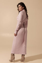 Back view of the cozy Blush Midi Dress in soft pink angora fabric featuring a belted fit with long sleeves and turtle neck by FemeAdor