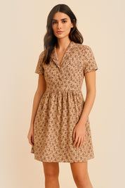 Front view of the brown floral linen mocha mini dress with short sleeves by FemeAdor