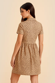 Back view of the brown floral linen mocha mini dress with short sleeves by FemeAdor
