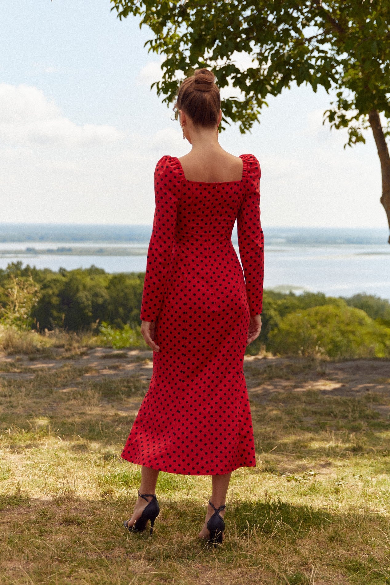 Celestra Midi Dress - Women's Polka Dot Fit & Flare Dress | FemeAdor S / Pink Celestra Midi Dress - Women's Polka Dot Fit & Flare Dress | FemeAdor S / Pink