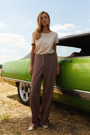 Front view of Continental Trousers by FemeAdor in brown with high-waisted tailored fit, ideal for office or casual wear