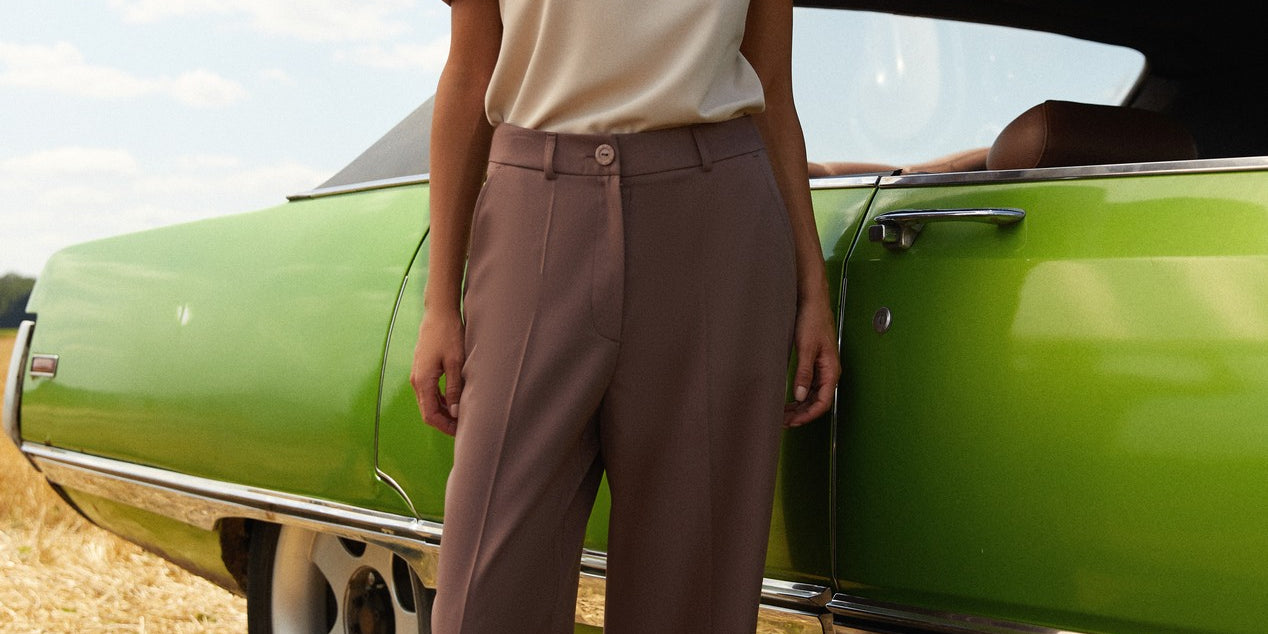 Front view of Continental Trousers by FemeAdor in brown with high-waisted tailored fit, ideal for office or casual wear