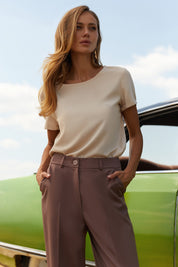 Close up of Continental Trousers by FemeAdor in brown with high-waisted tailored fit, ideal for office or casual wear