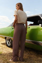 Another back view of Continental Trousers by FemeAdor in brown with high-waisted tailored fit, ideal for office or casual wear