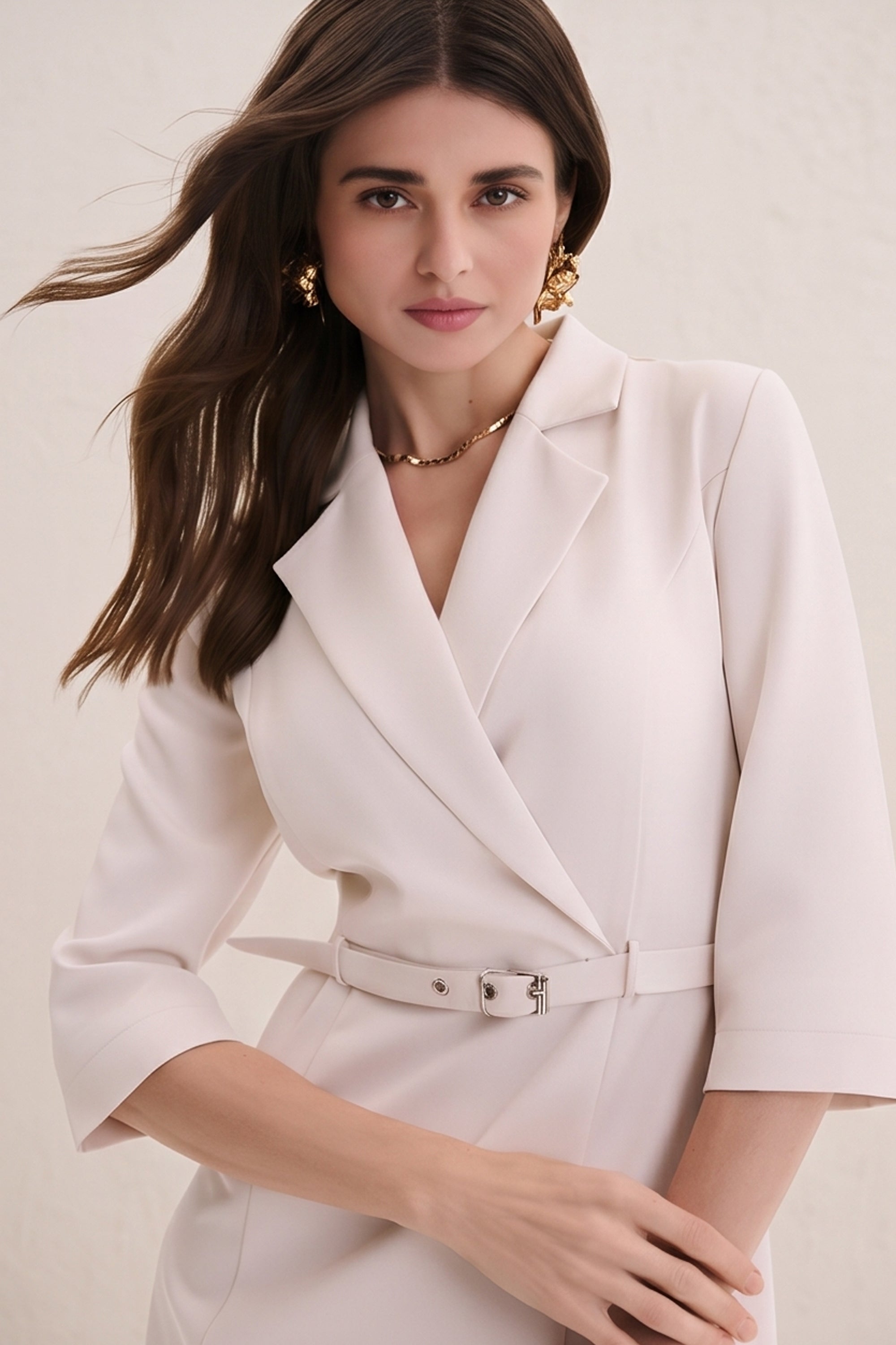 Close up view of a woman wearing the cream vespera mini dress-jacket by FemeAdor