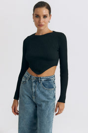Front view of the Cropped Longsleeve by FemeAdor in black featuring a flattering cropped cut and a cozy fitted ribbed knit design