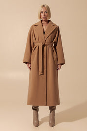 Front view of Elysian Overcoat by FemeAdor in brown with wide lapels and a tailored silhouette, ideal for fall and winter styling
