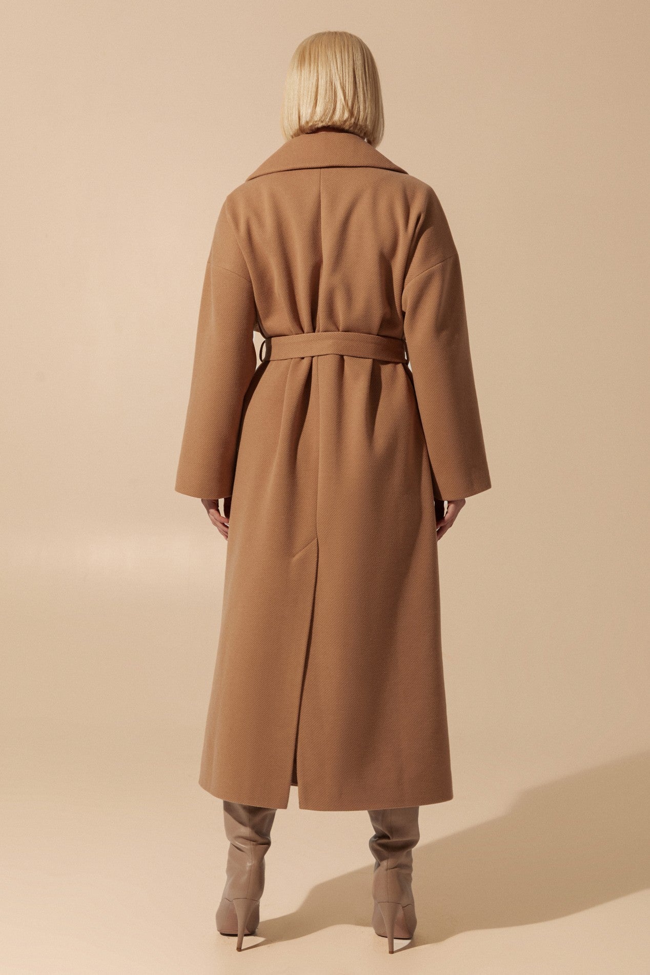 Back view of Elysian Overcoat by FemeAdor in brown with wide lapels and a tailored silhouette, ideal for fall and winter styling