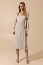 Front view of the Emberlyn Midi Dress in beige angora fabric with longsleeves and wrap around belt