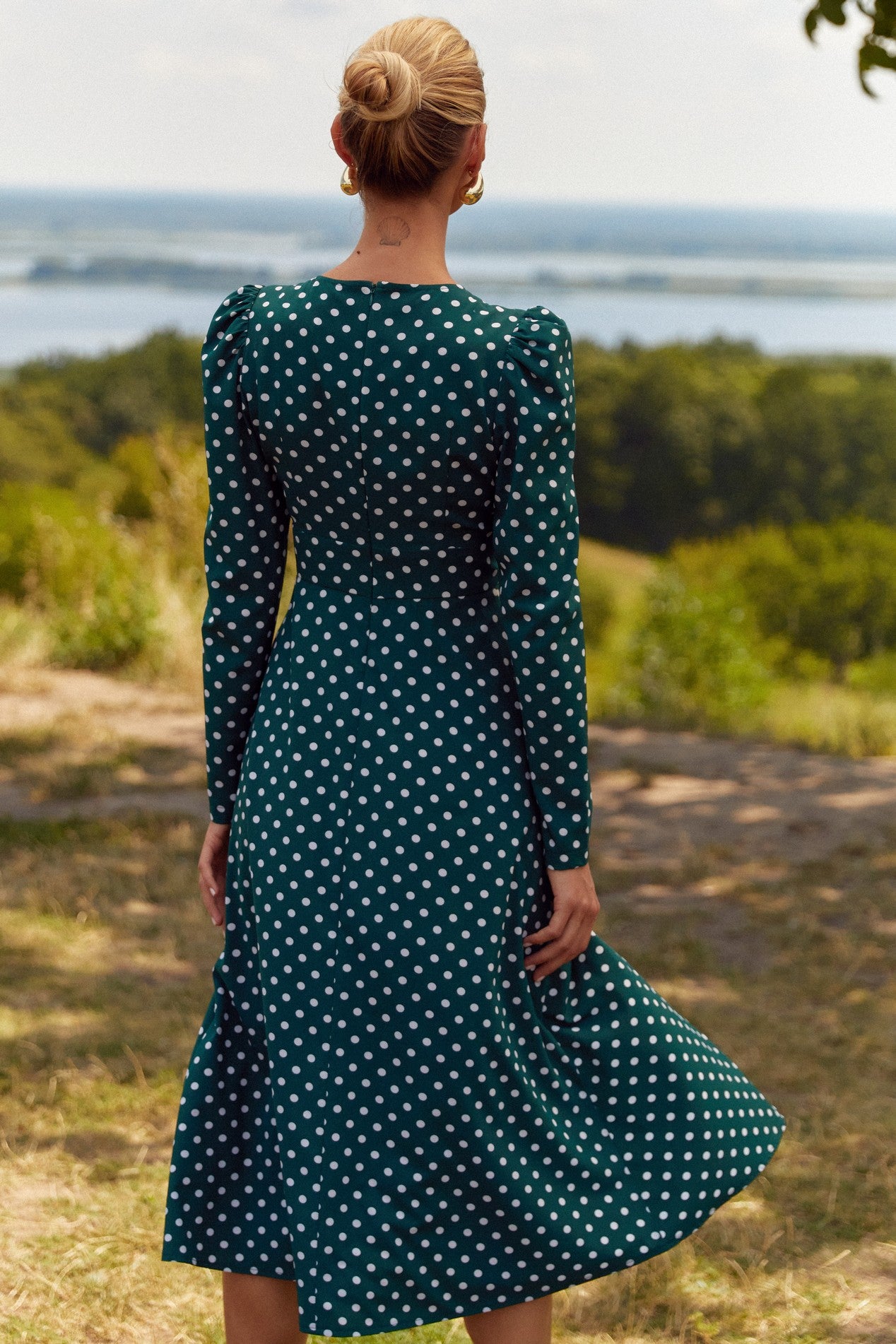 Emerald Midi Dress Elegant Women's Green Polka Dot Dress | FemeAdor XS Emerald Midi Dress Elegant Women's Green Polka Dot Dress | FemeAdor XS