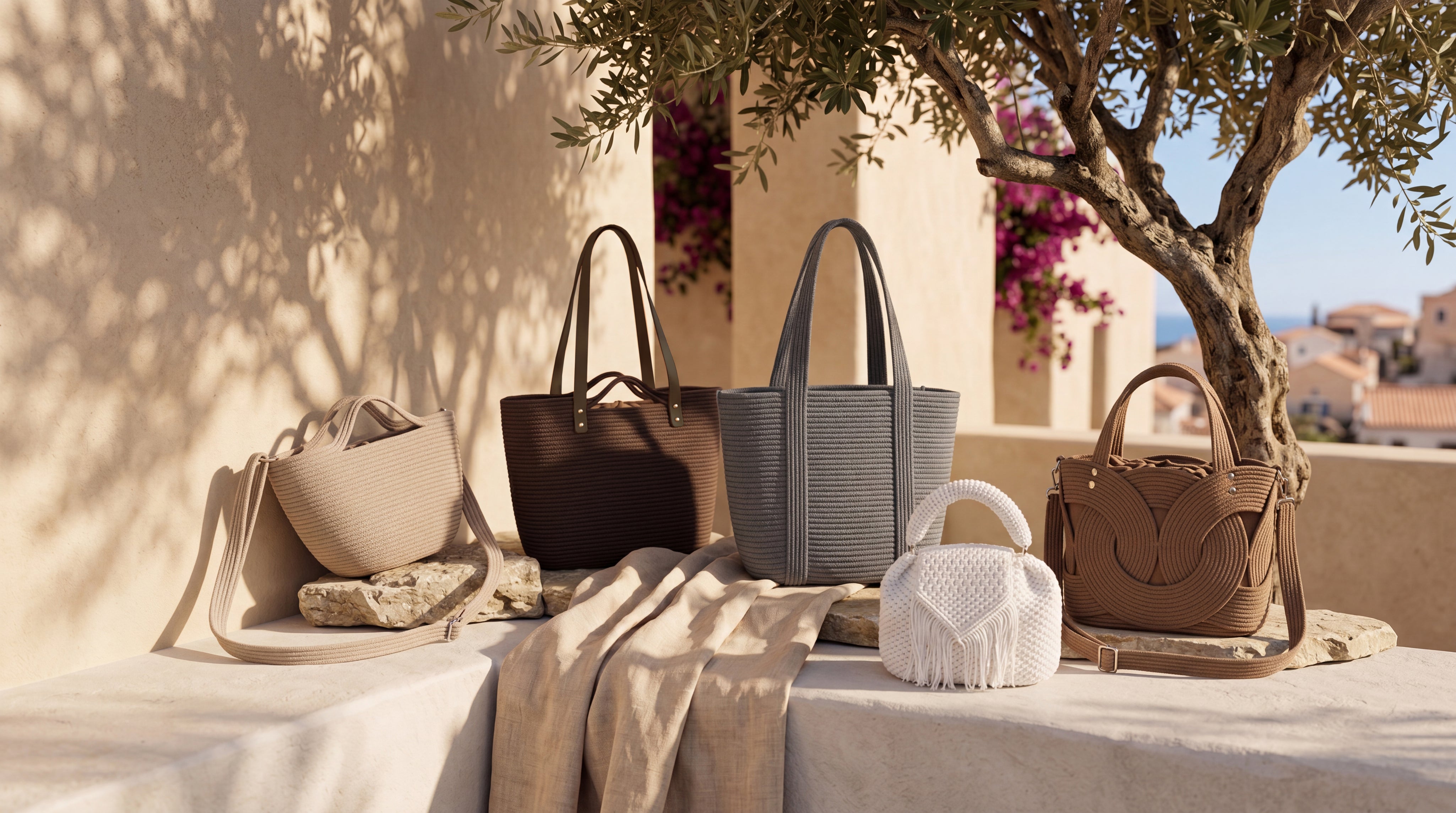 Collection of FemeAdor handmade crochet handbags on a ledge in europe with a scenic background