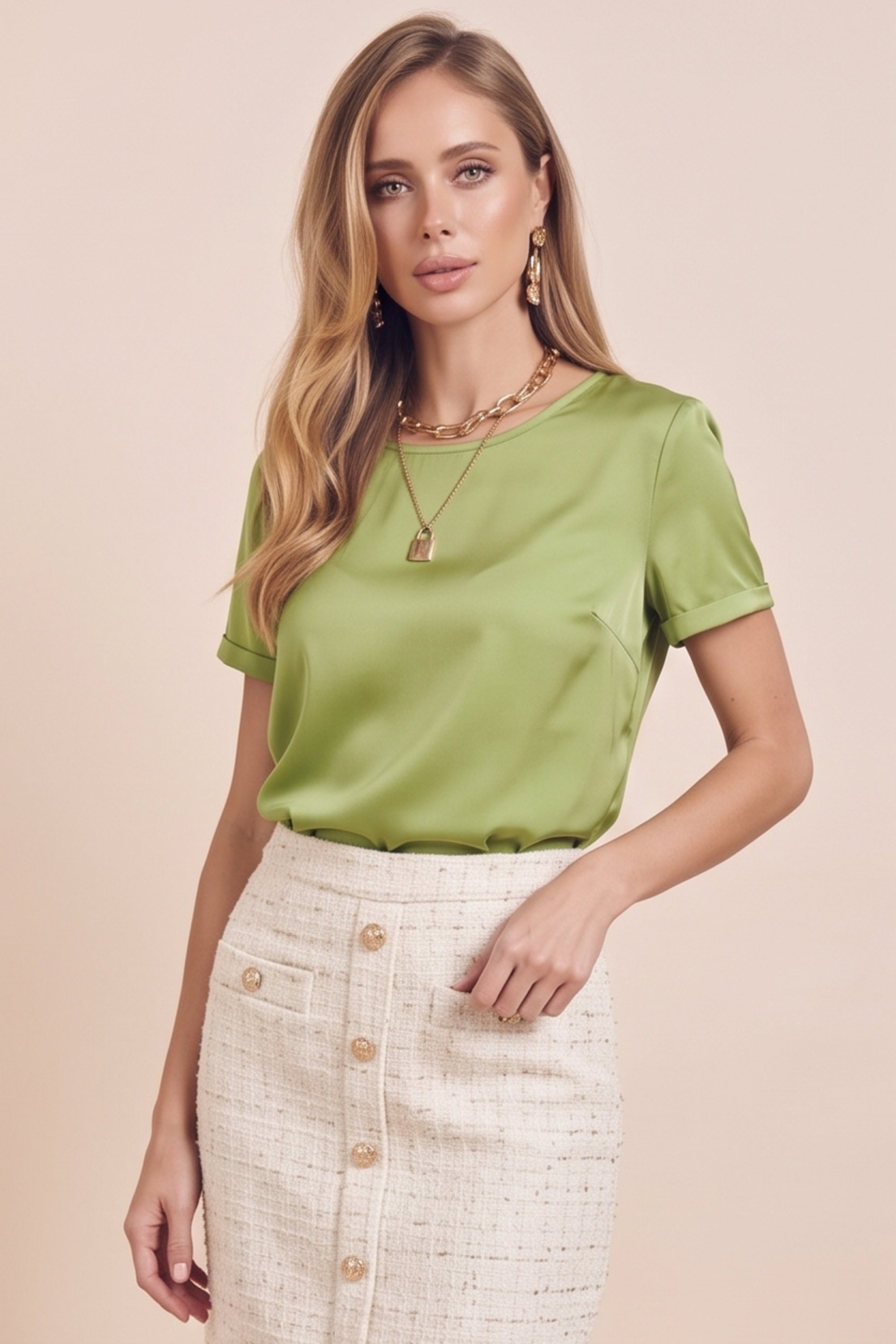 Front view of a woman wearing the green Pearl T-shirt by FemeAdor with silk-like finish and relaxed flattering fit