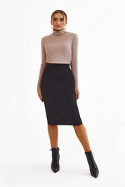 Full body view of Liaison Skirt by FemeAdor in black featuring a sleek, figure-flattering midi silhouette, ideal for both professional and casual styling