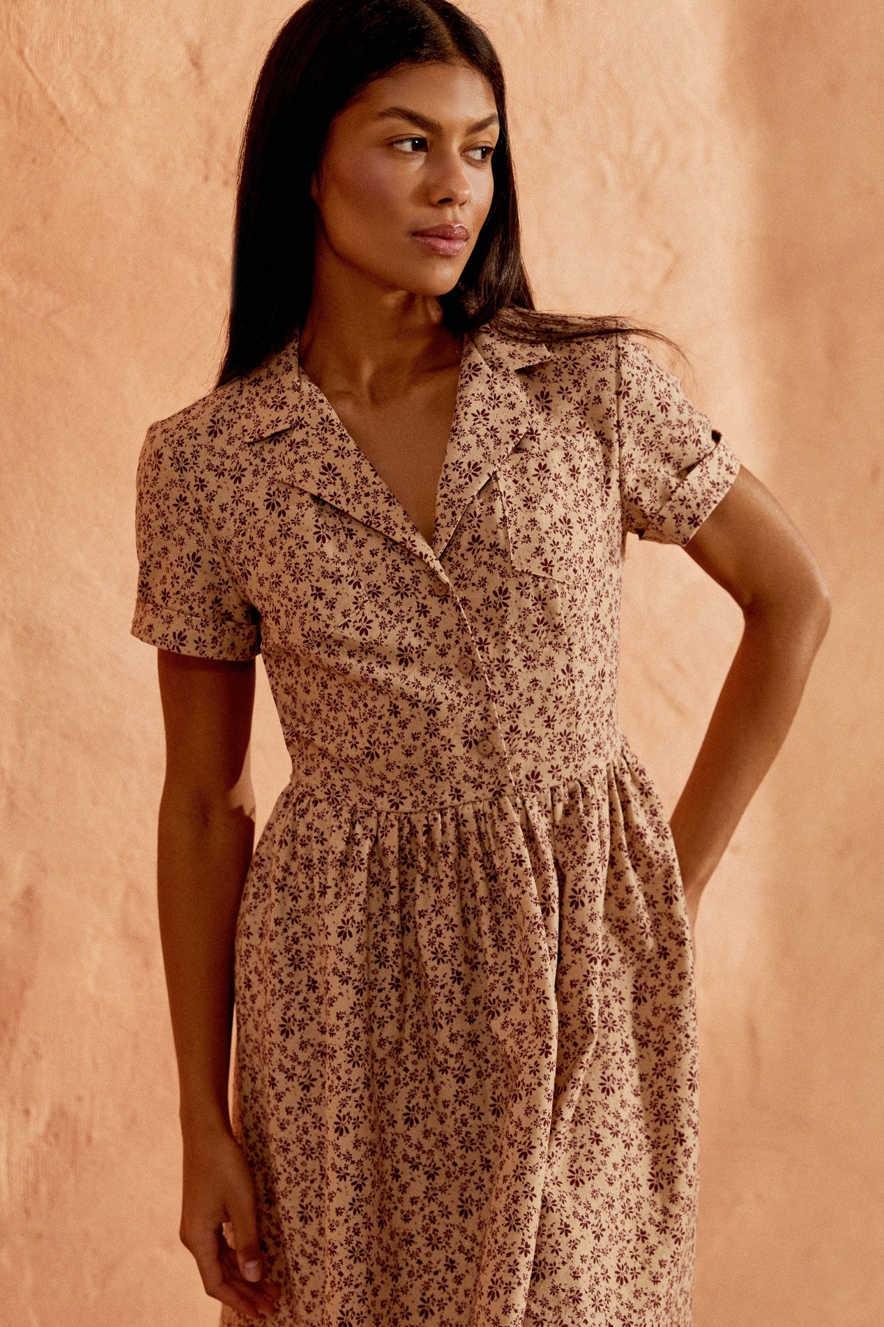 Close up view of the Mocha Mini Dress in brown floral linen with short sleeves by FemeAdor