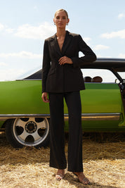 Front view of Moda Trousers by FemeAdor in black featuring a high-waisted, wide-leg tailored fit for modern styling