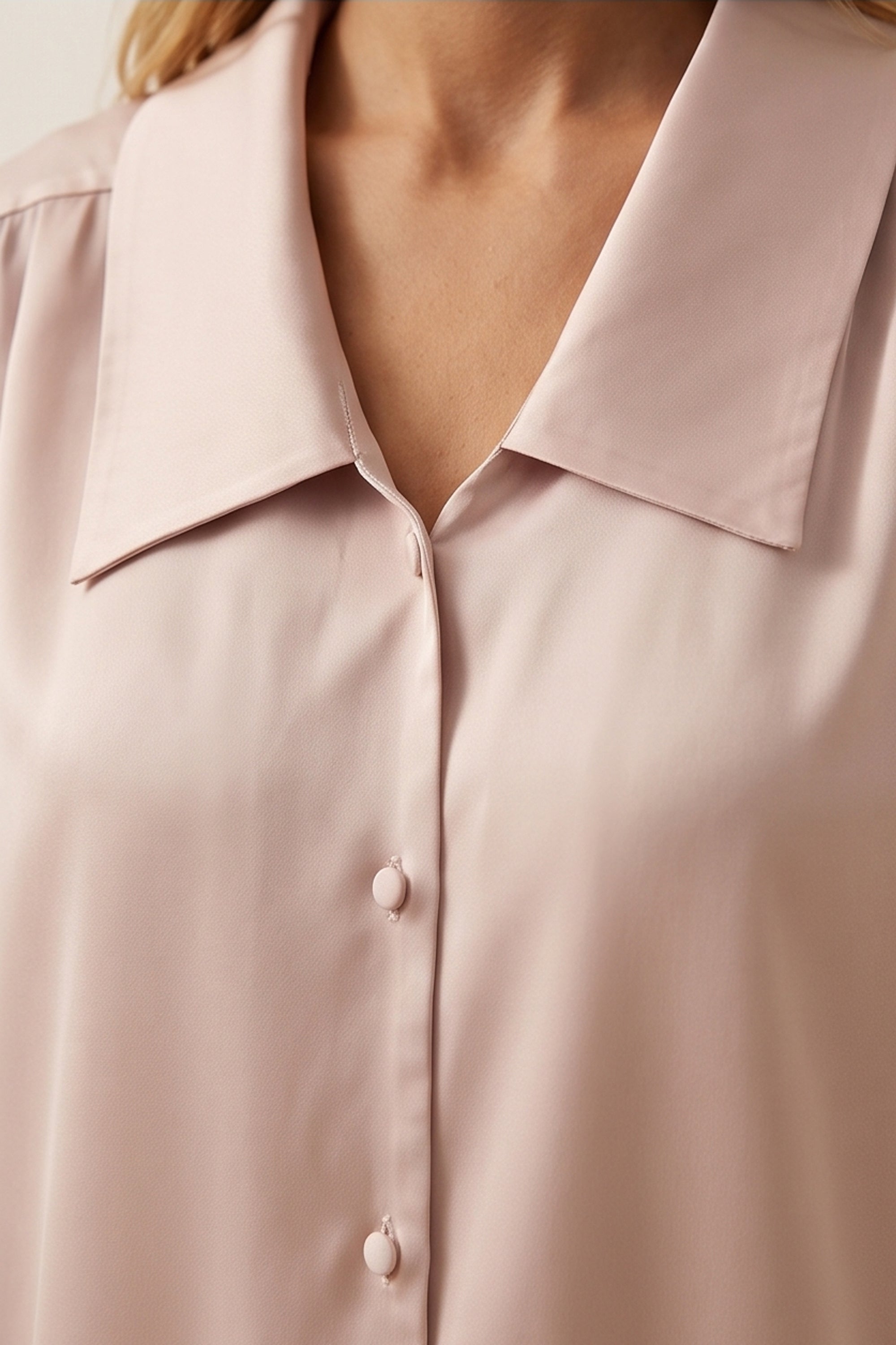 Close up view of a woman wearing the pink Timeless Blouse by FemeAdor featuring a flattering fit, ideal for layering or wearing solo in professional and casual settings.