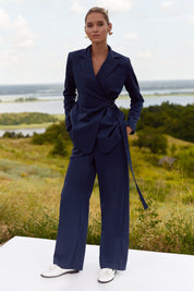 Front view of Regal Trousers by FemeAdor in navy blue with high-waisted, wide-leg tailored fit, perfect for professional and casual styling