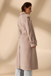 Back view of Royale Overcoat by FemeAdor in beige featuring wide lapels and a tailored silhouette, ideal for both professional and casual styling