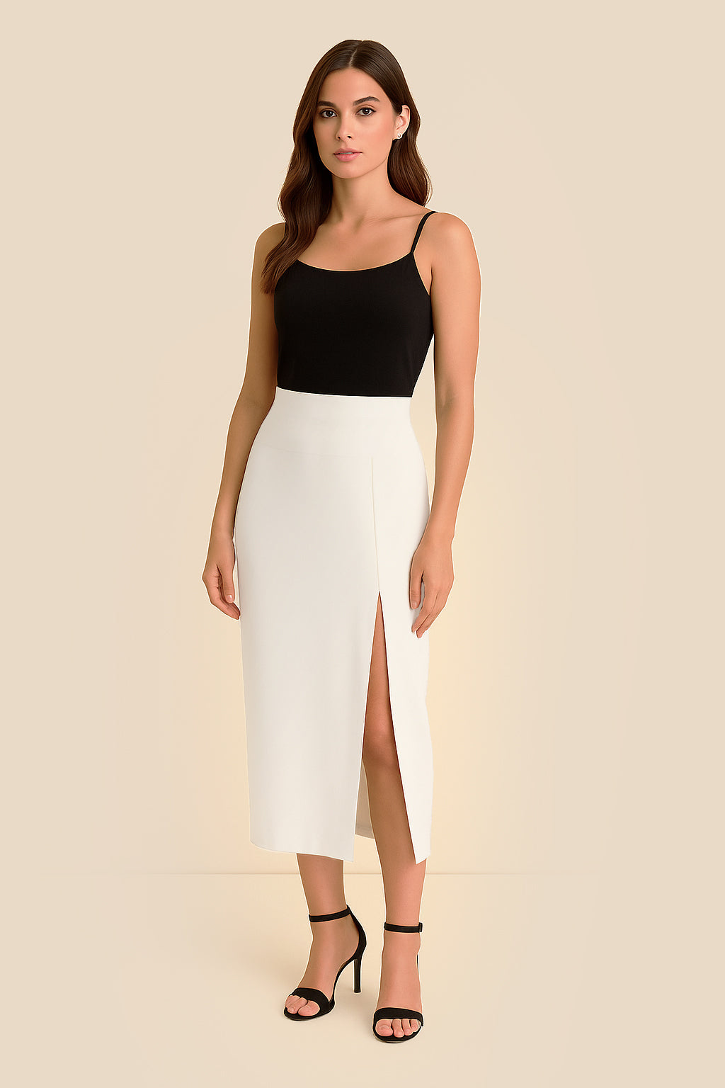 Front view of Ardor Skirt by FemeAdor in white featuring a high-waisted, midi-length silhouette with delicate tailoring, ideal for both professional and casual styling